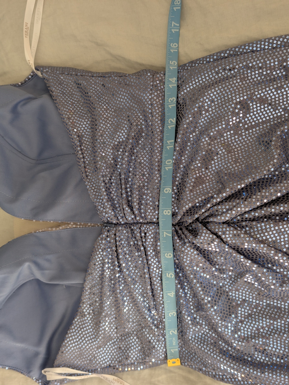NWT Terani Couture 251P4369 Sequin Halter Rosette Gown Denim Blue Size 10 - Picture 10 of 11